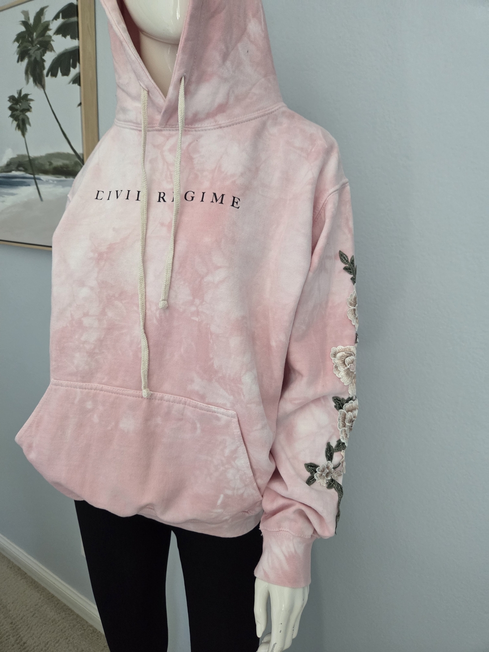 Civil Regime Pink White Tie-Dye Fleece Pullover Hoodie Embroidered Floral S
